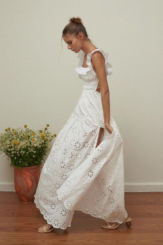 Eyelet Floral Lace Ruffled Square Neck Smocked Waist Tiered High Split Maxi Dress 2