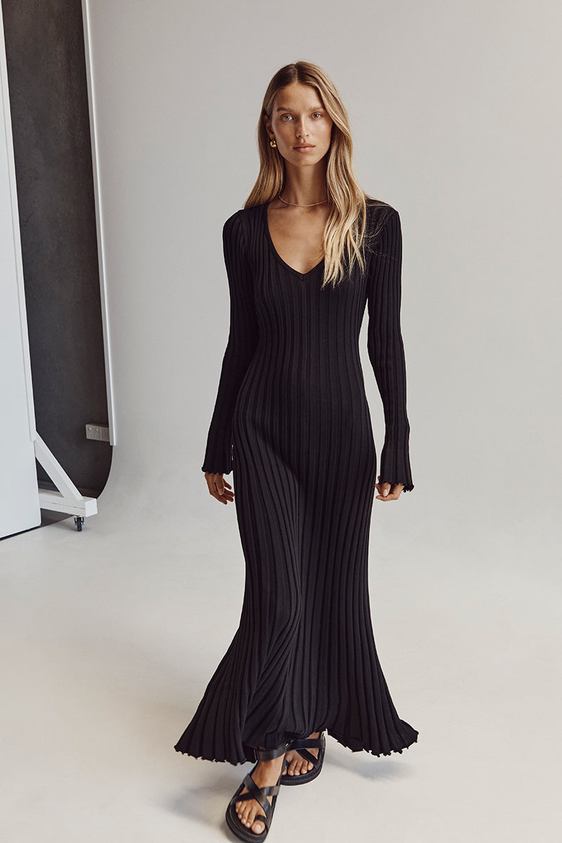 Rib Knit Deep V-Neck Long Sleeve Lettuce Hem Column Maxi Dress 5