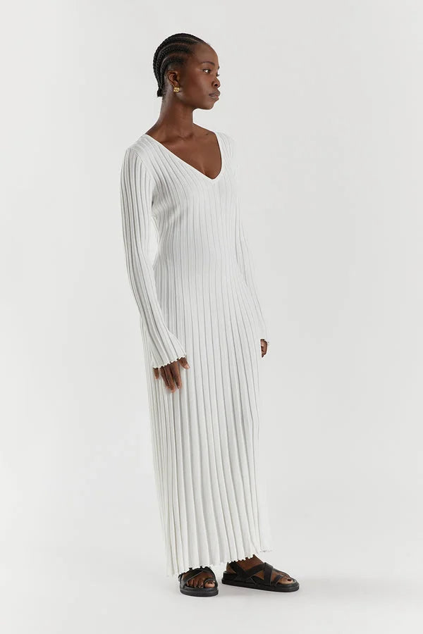 Rib Knit Deep V-Neck Long Sleeve Lettuce Hem Column Maxi Dress 2