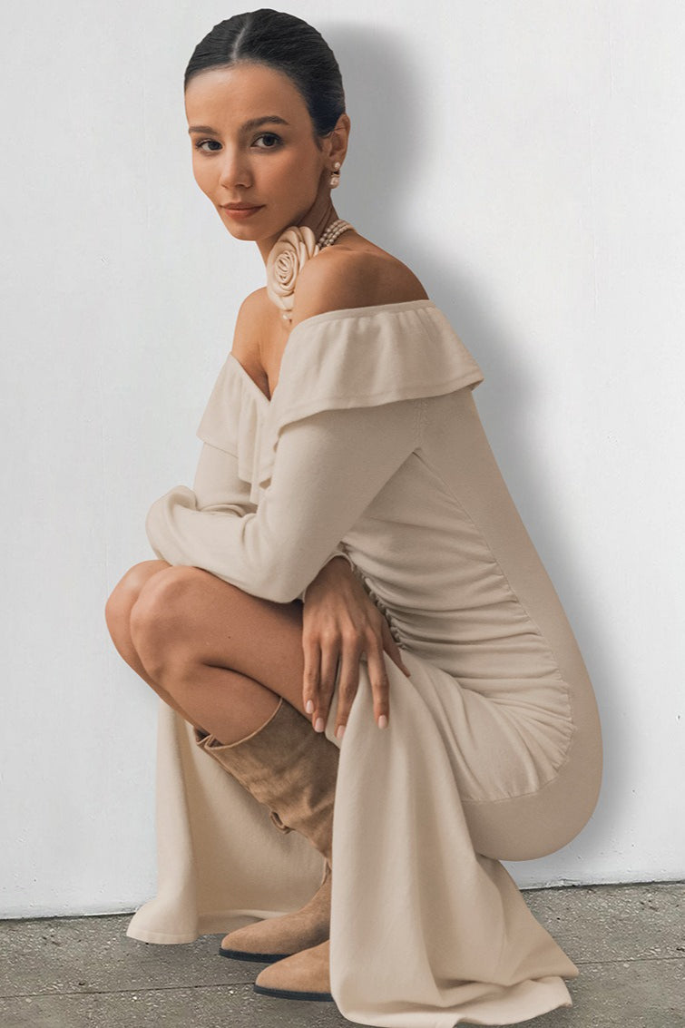 Off Shoulder Sweetheart Ruffle Flounce Long Sleeve Ruched Front Slit Midi Dress 3