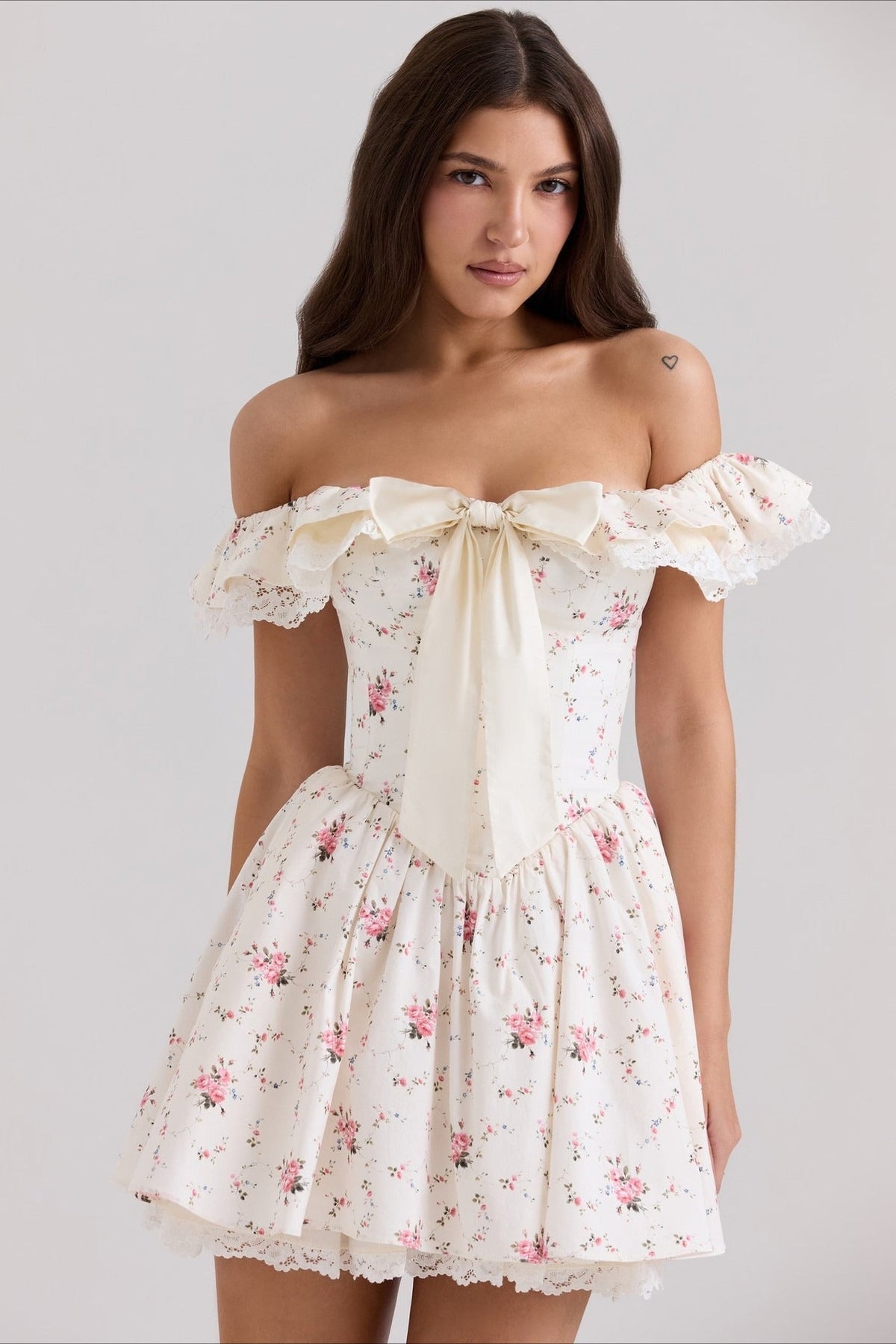 Off Shoulder Lace Trim Ribbon Bow Corset Bodice Floral Print Mini Dress 2
