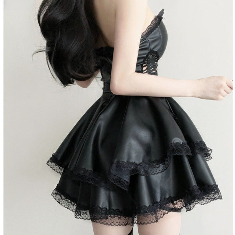 Off Shoulder Faux Leather Corset Lace Trumpet Sleeve Tiered Ruffle Mini Dress 4