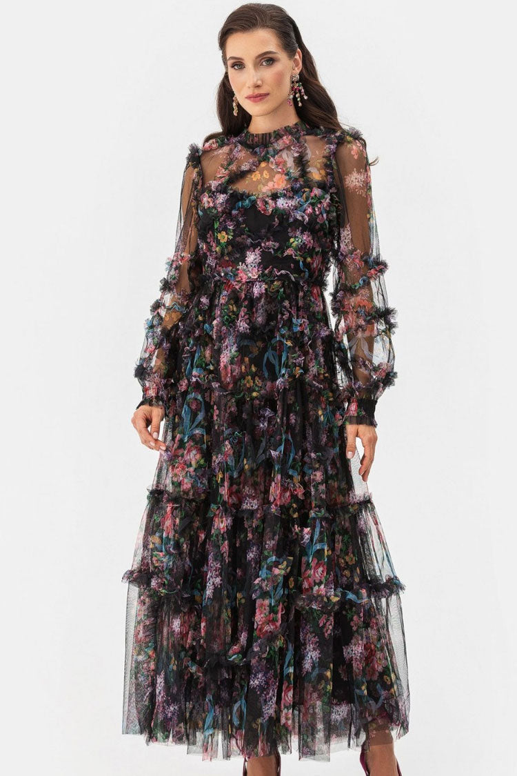 Mock Neck Bishop Sleeve Floral Tulle Tiered Ruffle Maxi Gown