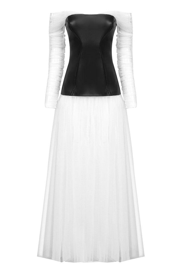 Off Shoulder Mesh Sleeve Strapless Faux Leather Corset Tiered Tulle Maxi Dress 6