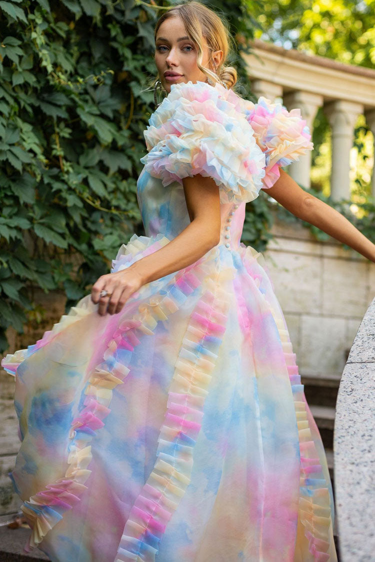 Organza Square Neck Tiered Ruffle Puff Sleeve Floral Print Tea Length Dress 2