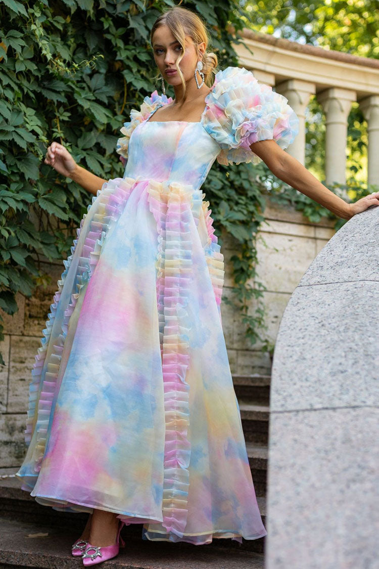 Organza Square Neck Tiered Ruffle Puff Sleeve Floral Print Tea Length Dress 3