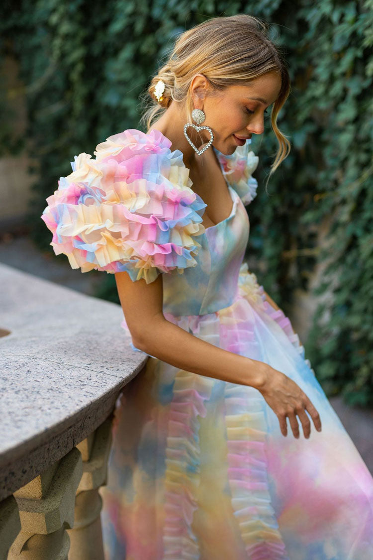 Organza Square Neck Tiered Ruffle Puff Sleeve Floral Print Tea Length Dress 4