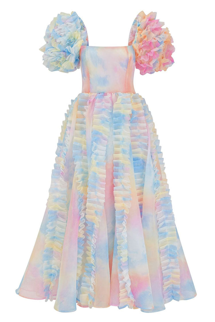 Organza Square Neck Tiered Ruffle Puff Sleeve Floral Print Tea Length Dress 5