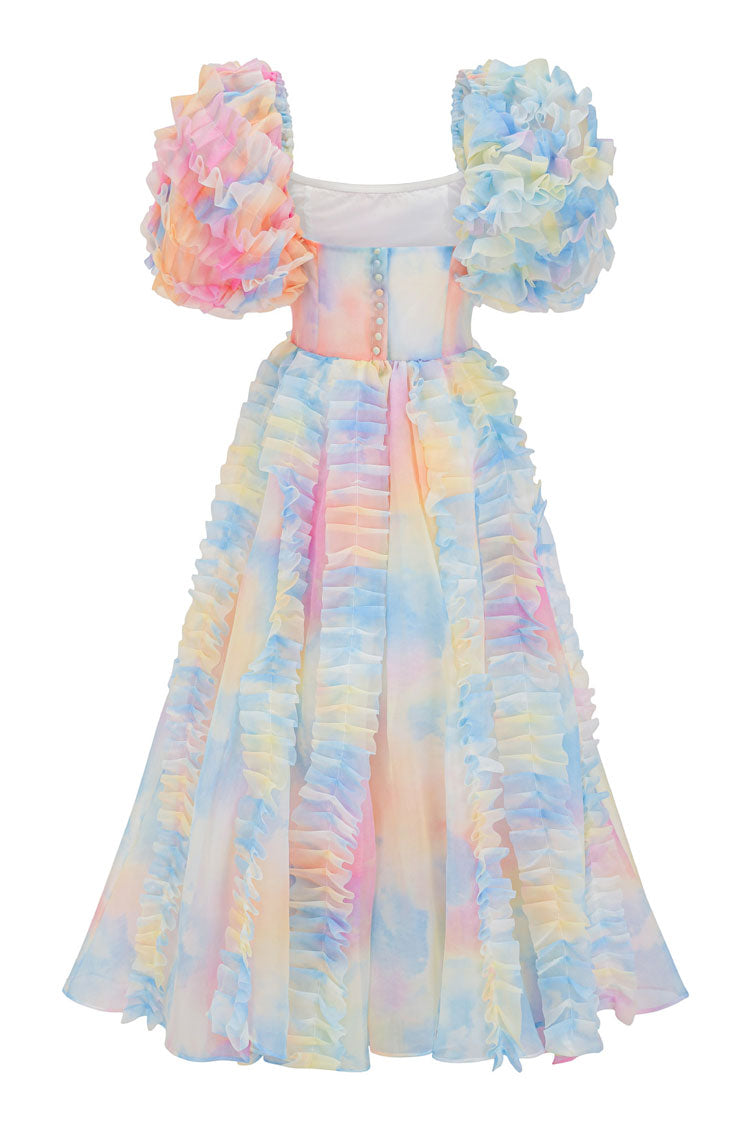 Organza Square Neck Tiered Ruffle Puff Sleeve Floral Print Tea Length Dress 6