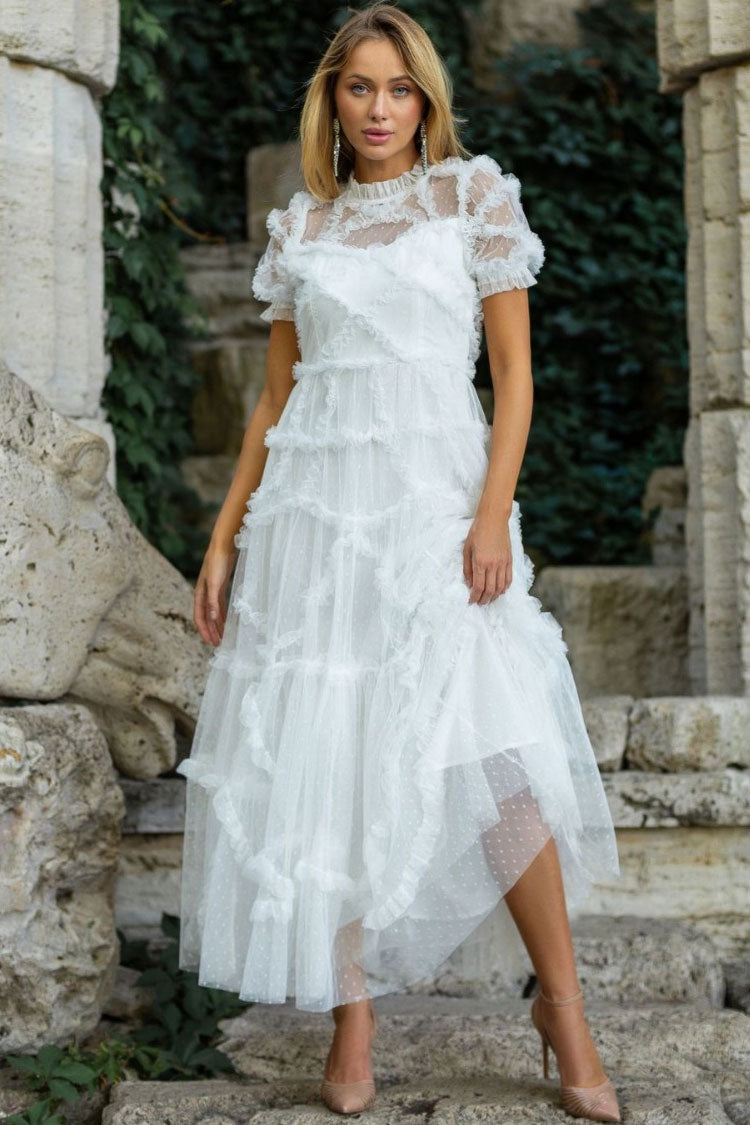 Mock Neck Swiss Dot Tulle Puff Sleeve Tiered Ruffle Midi Gown 2