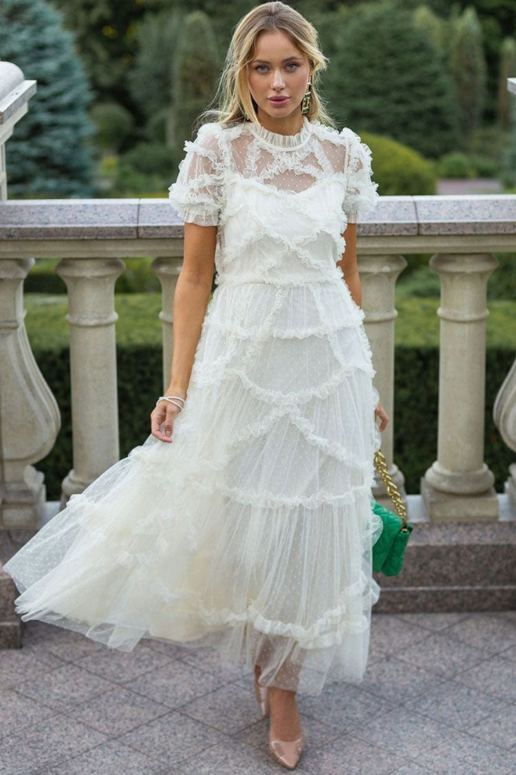 Mock Neck Swiss Dot Tulle Puff Sleeve Tiered Ruffle Midi Gown
