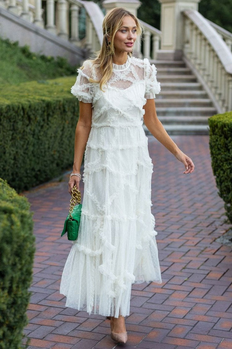 Mock Neck Swiss Dot Tulle Puff Sleeve Tiered Ruffle Midi Gown 3