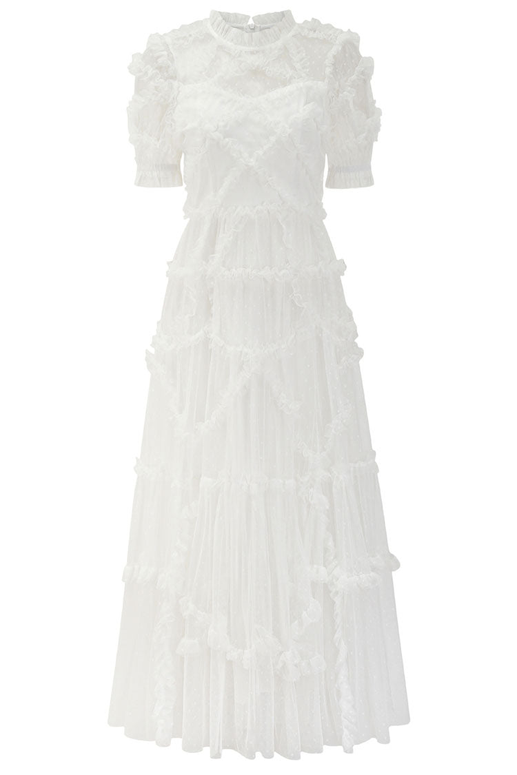Mock Neck Swiss Dot Tulle Puff Sleeve Tiered Ruffle Midi Gown 4