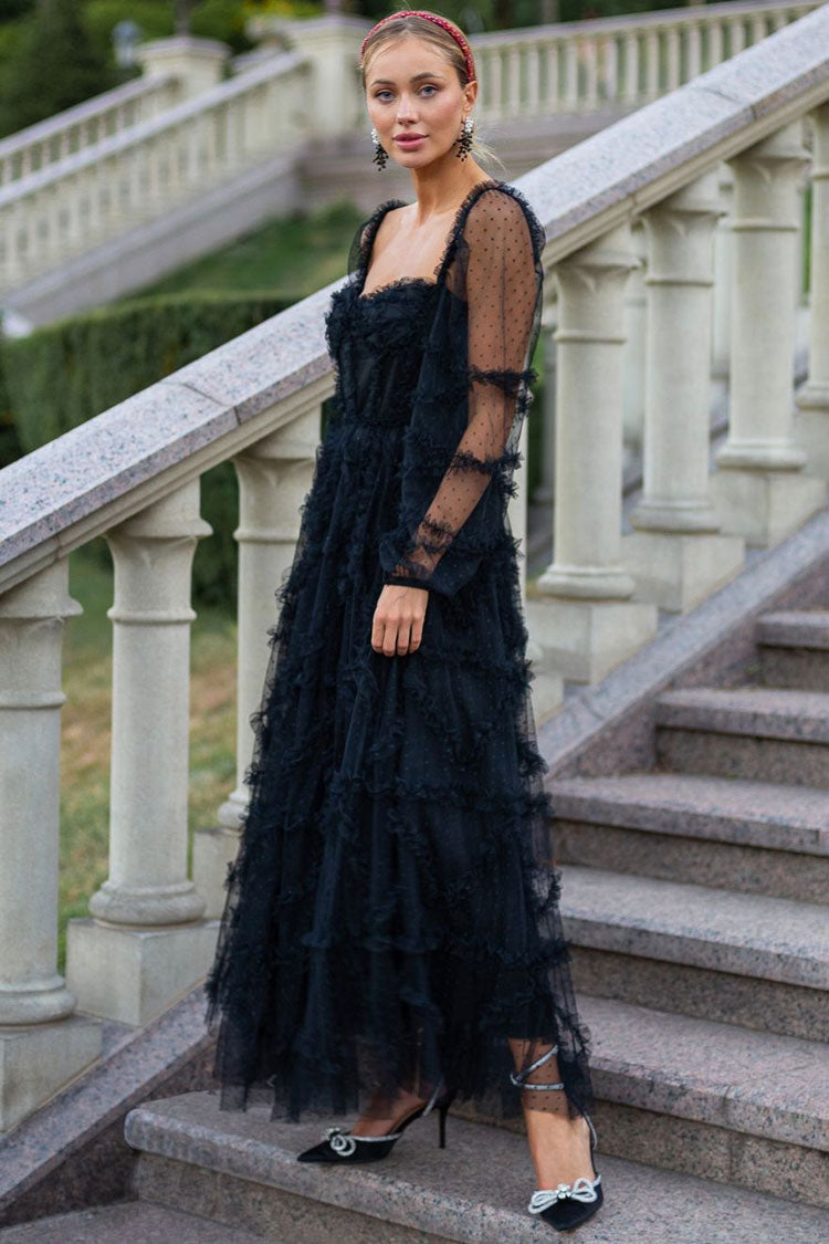 Sweetheart Swiss Dot Tulle Ruffle Tiered Bell Sleeve Belted Maxi Gown
