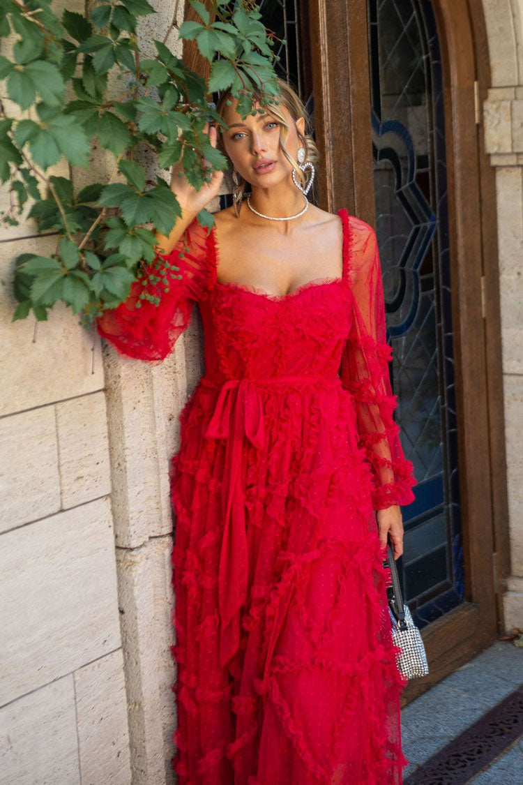 Sweetheart Swiss Dot Tulle Ruffle Tiered Bell Sleeve Belted Maxi Gown 2