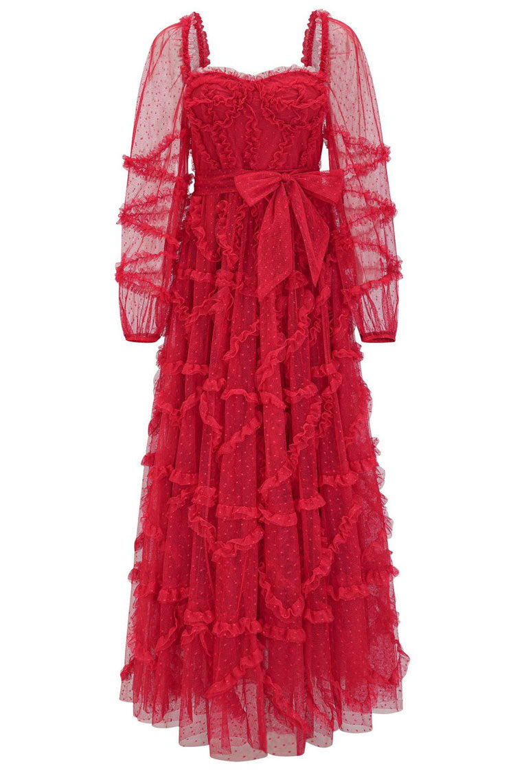 Sweetheart Swiss Dot Tulle Ruffle Tiered Bell Sleeve Belted Maxi Gown 3