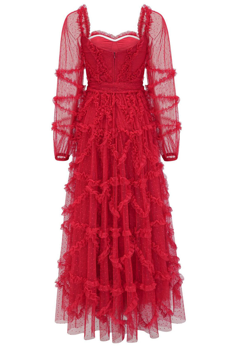 Sweetheart Swiss Dot Tulle Ruffle Tiered Bell Sleeve Belted Maxi Gown 4
