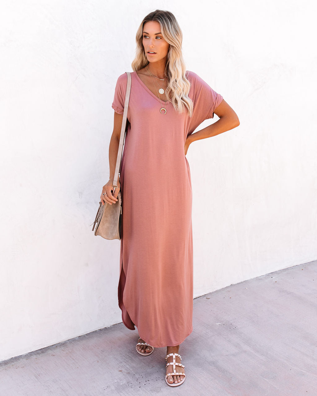 V Neck Short Sleeve Pocket Side Slit Knot Hem Maxi T Shirt Dress 4