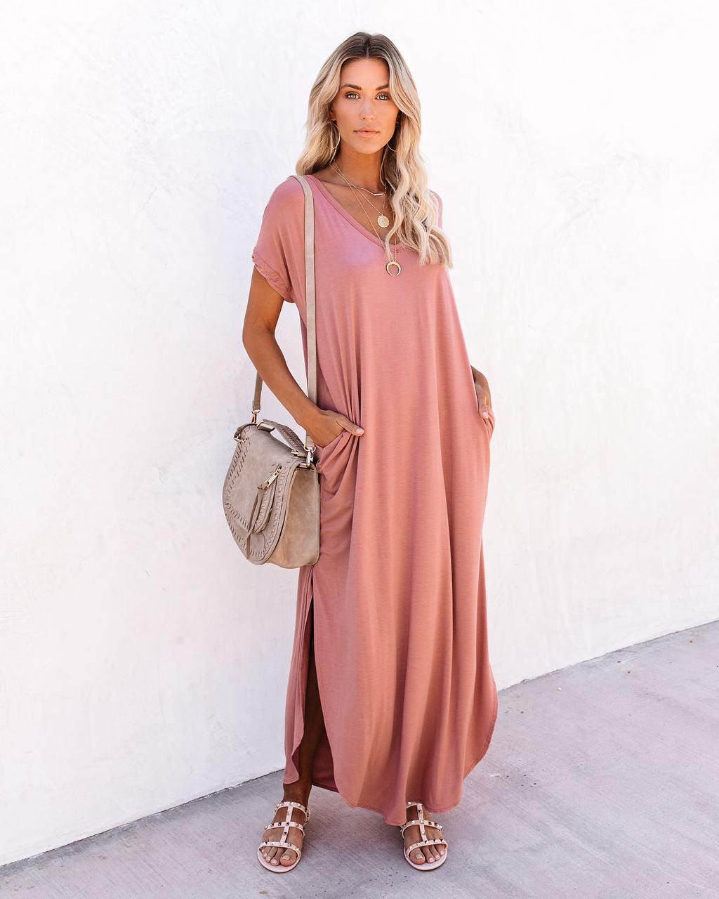 V Neck Short Sleeve Pocket Side Slit Knot Hem Maxi T Shirt Dress 5