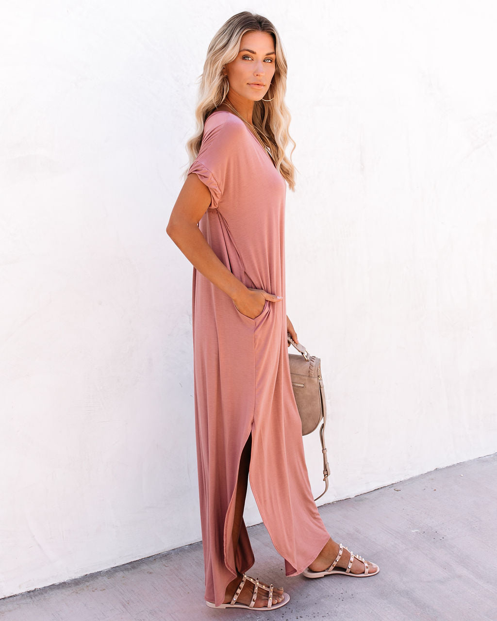 V Neck Short Sleeve Pocket Side Slit Knot Hem Maxi T Shirt Dress 6
