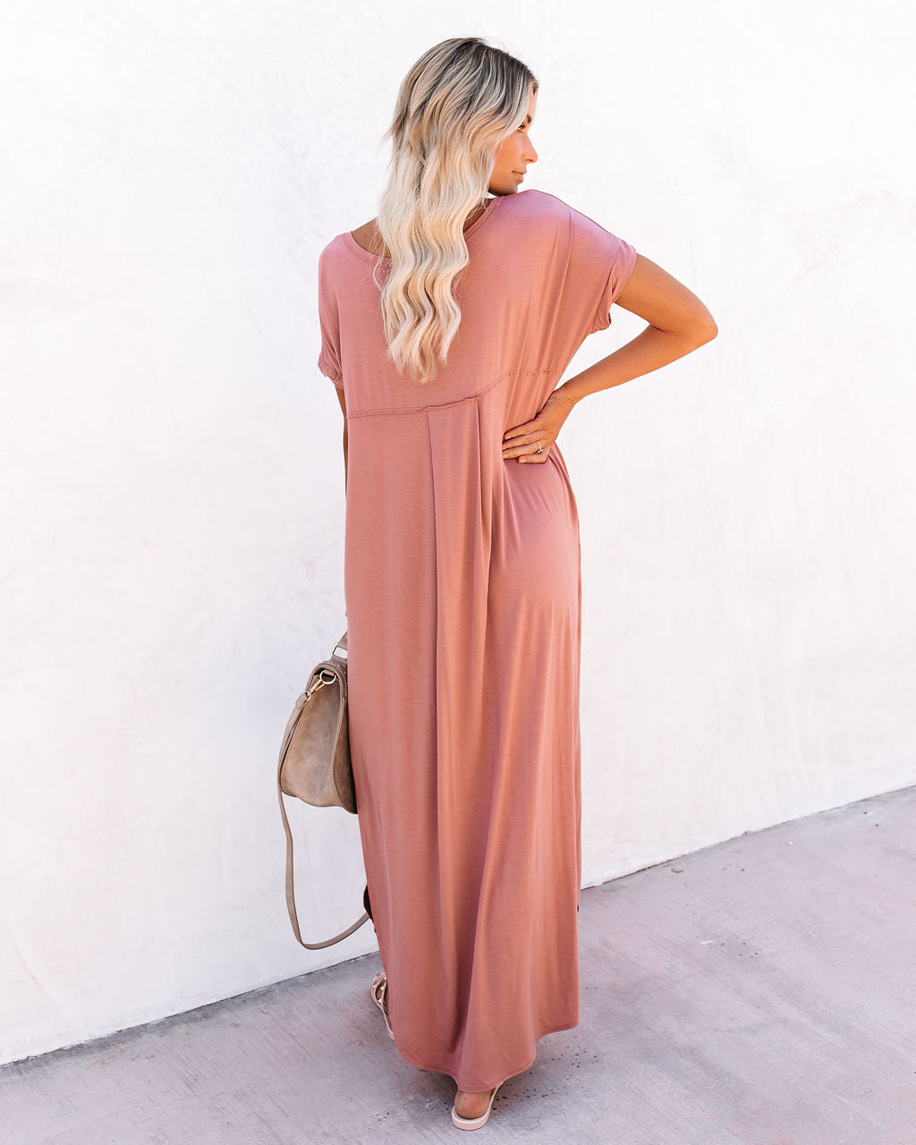V Neck Short Sleeve Pocket Side Slit Knot Hem Maxi T Shirt Dress 2
