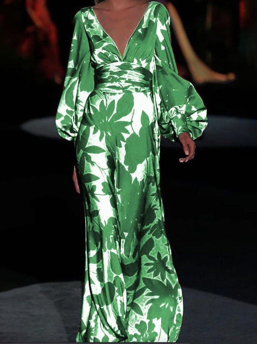 Floral Print Deep V Bishop Sleeve Wrap Waist Flowing Maxi Dress 2