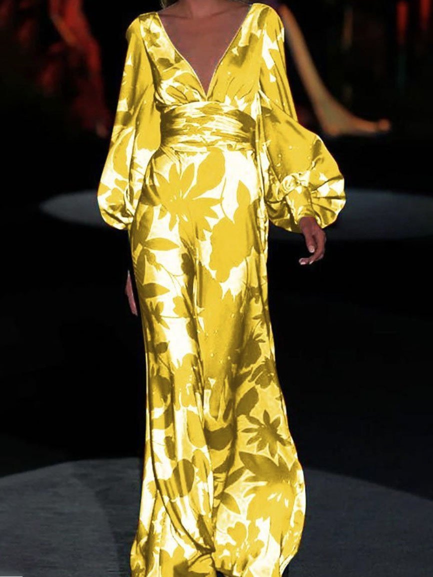 Floral Print Deep V Bishop Sleeve Wrap Waist Flowing Maxi Dress 3