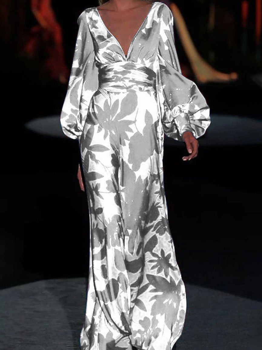 Floral Print Deep V Bishop Sleeve Wrap Waist Flowing Maxi Dress 4