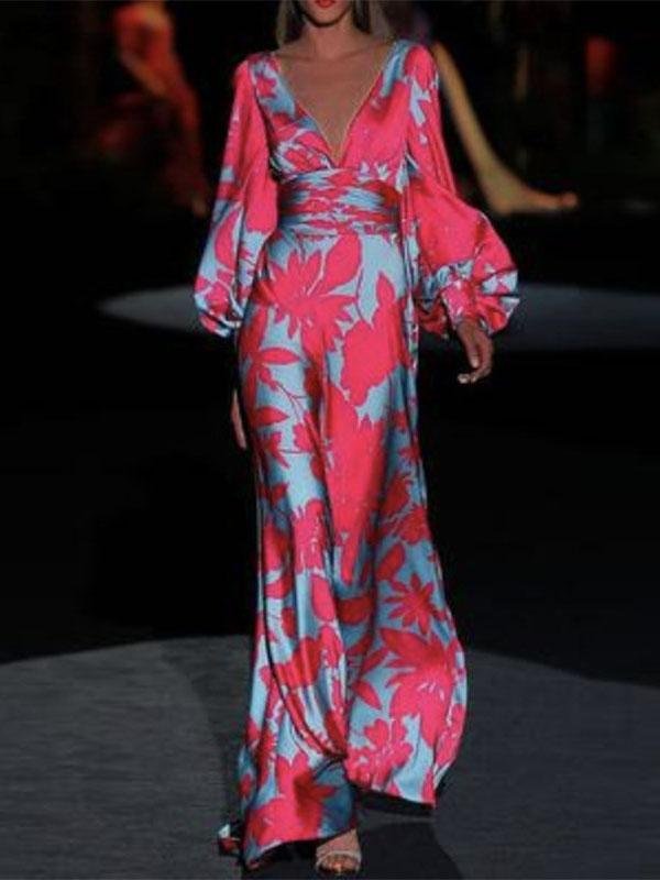 Floral Print Deep V Bishop Sleeve Wrap Waist Flowing Maxi Dress