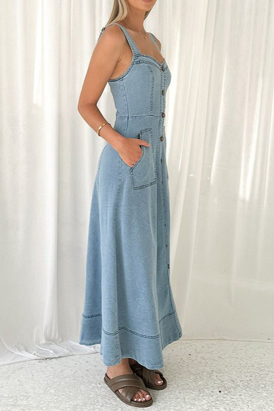Denim Square Neck Button Front Patch Pocket A-Line Maxi Dress 5