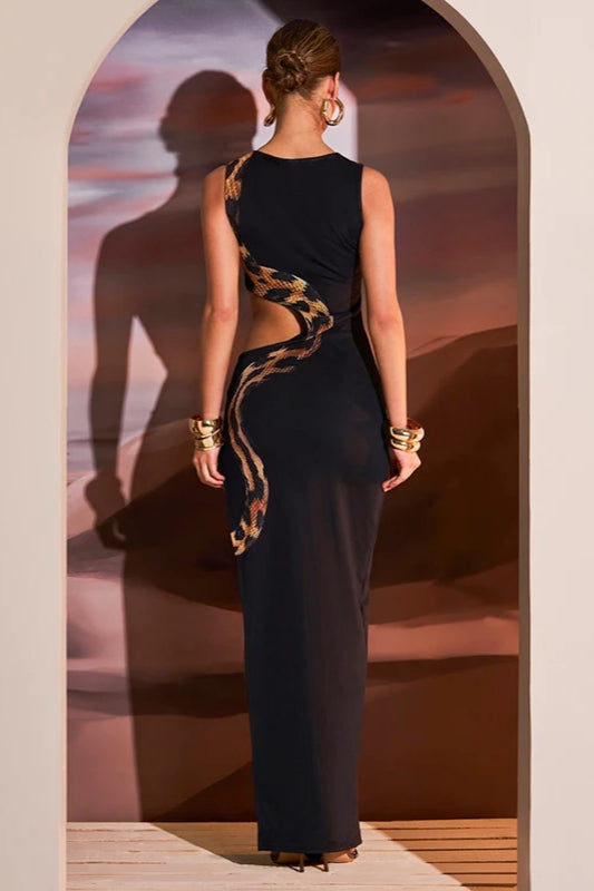 Snake Print Waist Cutout High Slit Sleeveless Bodycon Maxi Dress 4