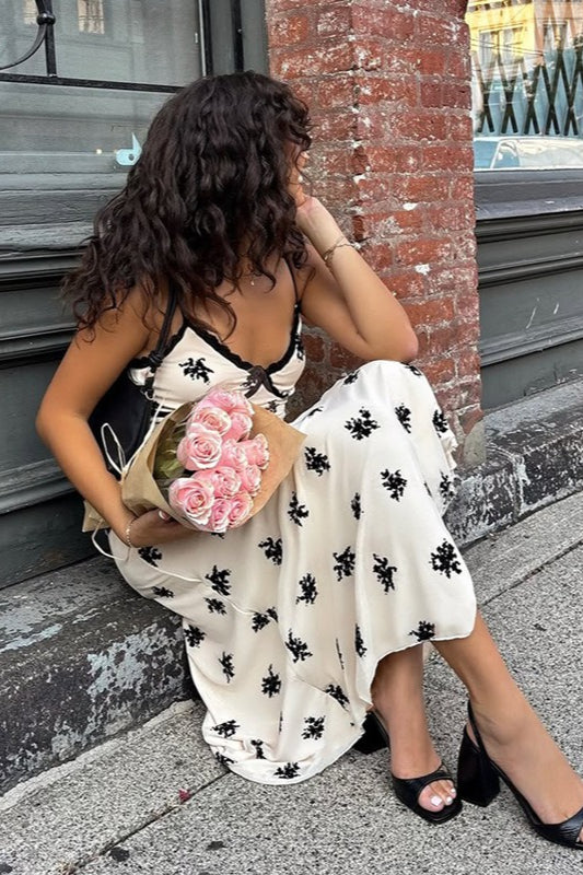 Floral Print Lace Trim Deep V-Neck Spaghetti Strap Empire Waist Slip Maxi Dress 6
