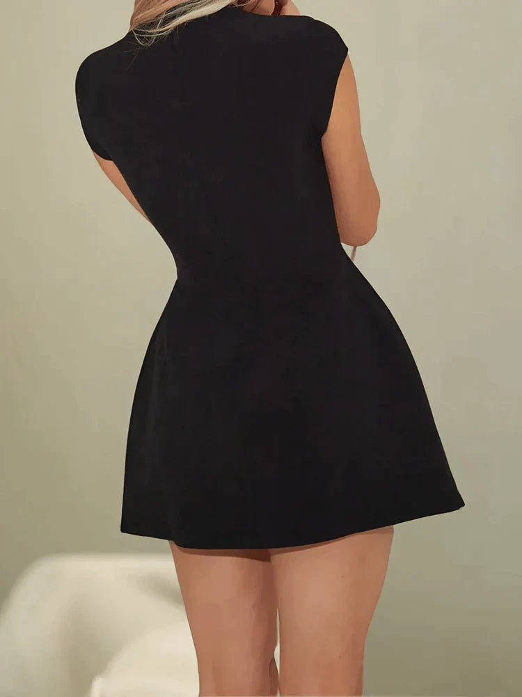 Mock Neck Cap Sleeve Pocket Flap Fit and Flare Mini Dress 2