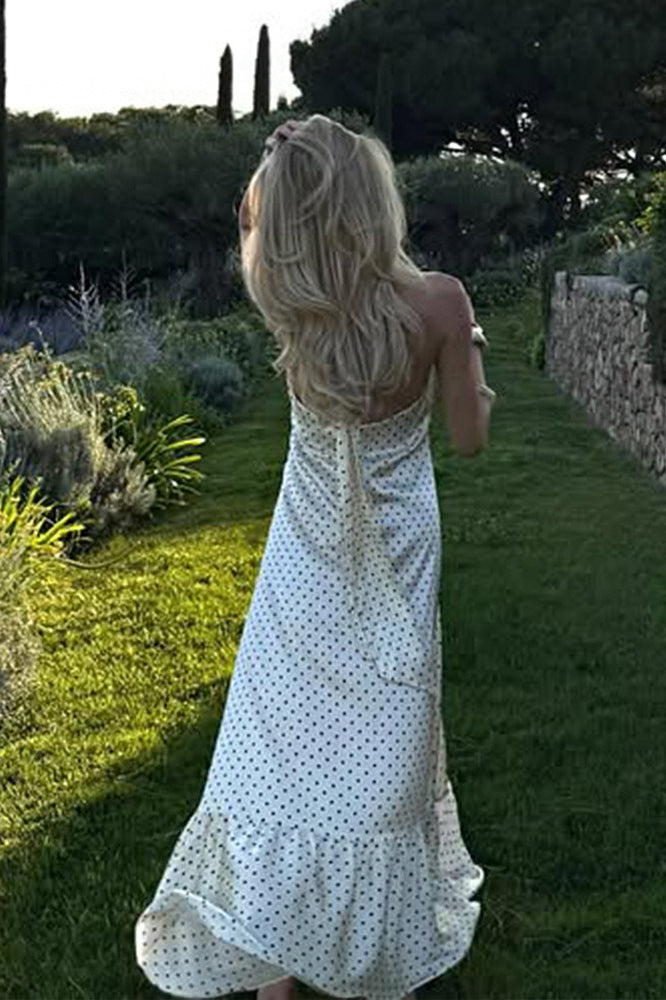 Polka Dot Halter Back Sash Tie Ruffle Hem Backless Satin Maxi Dress 4