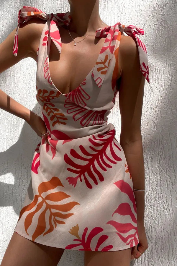 Deep V Neck Tie Shoulder Tropical Leaf Print Mini Dress 3