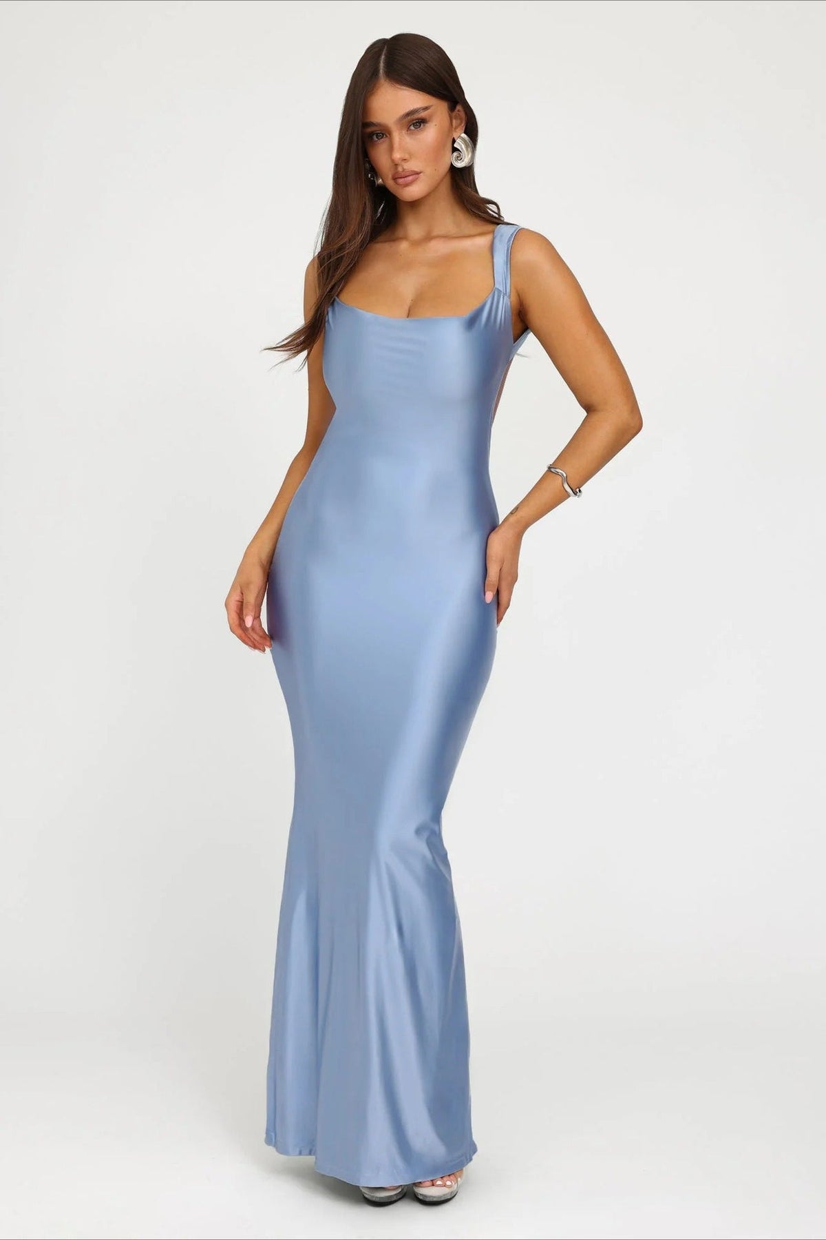 Satin Spaghetti Strap Side Cut Out Deep Backless Bodycon Maxi Gown 3