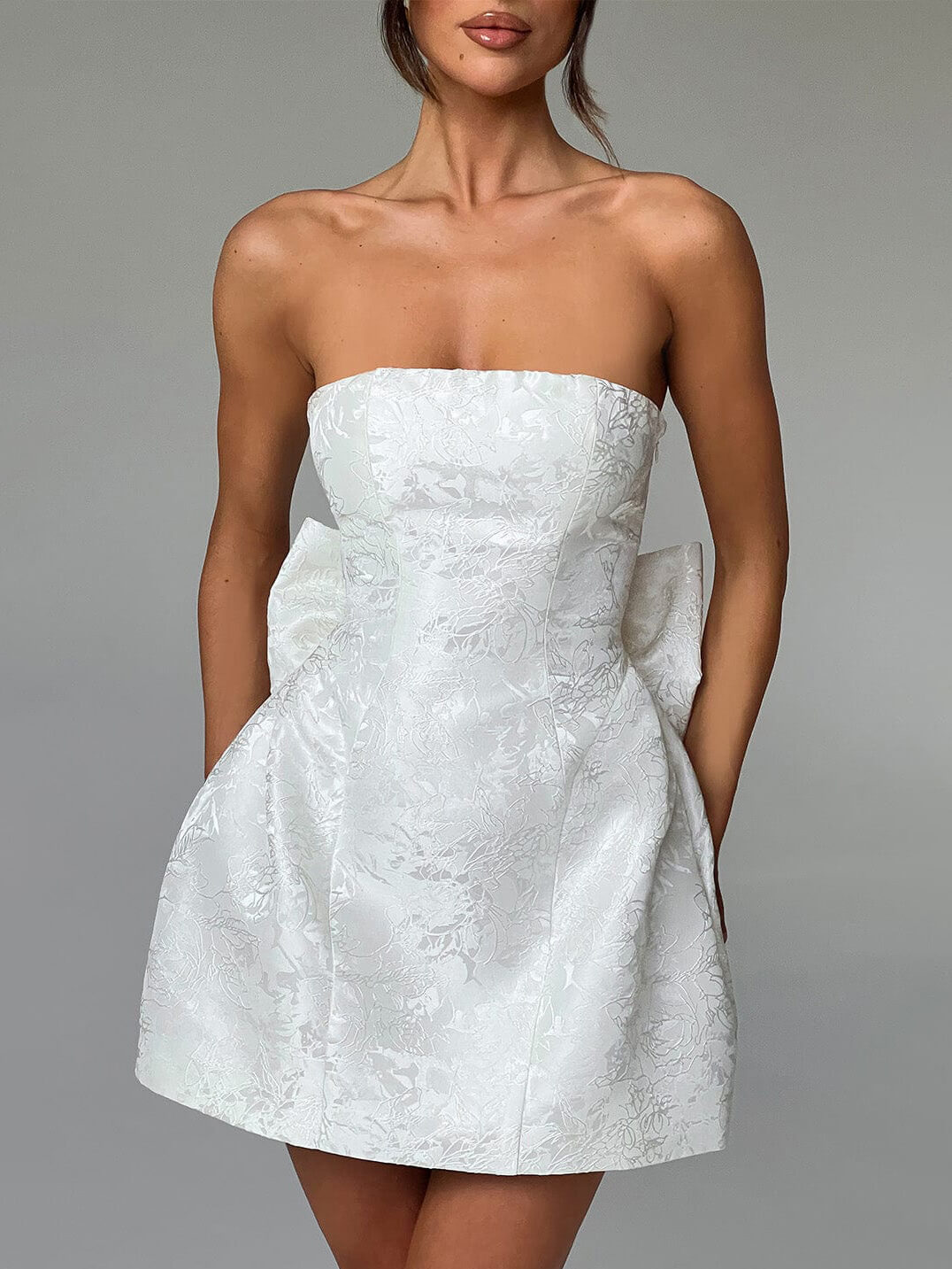 Strapless Jacquard Floral Oversized Bow Back Mini Dress