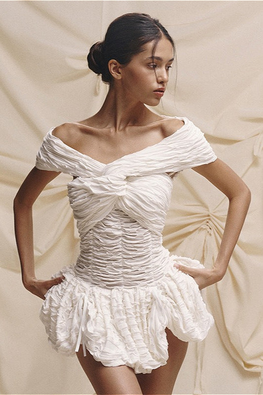 Off-Shoulder Twisted Knot Ruched Shirred Bubble Hem Mini Dress 2