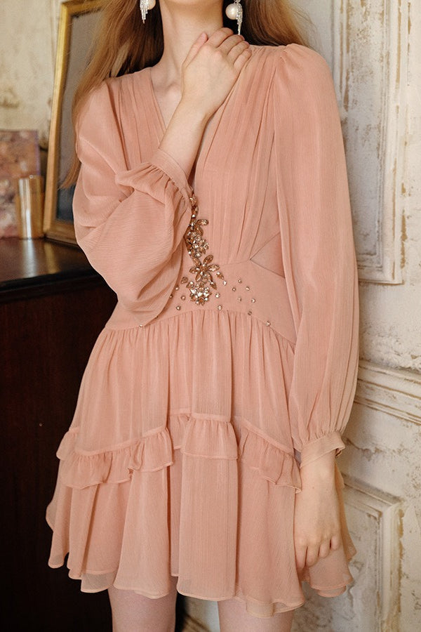 Rhinestone Deep V-Neck Bishop Sleeve Cut Out Waist Tiered Chiffon Mini Dress 5