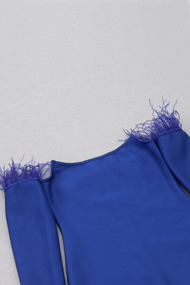 Cold Shoulder Feather Trim Sweetheart Bandage Knit Midi Dress 4