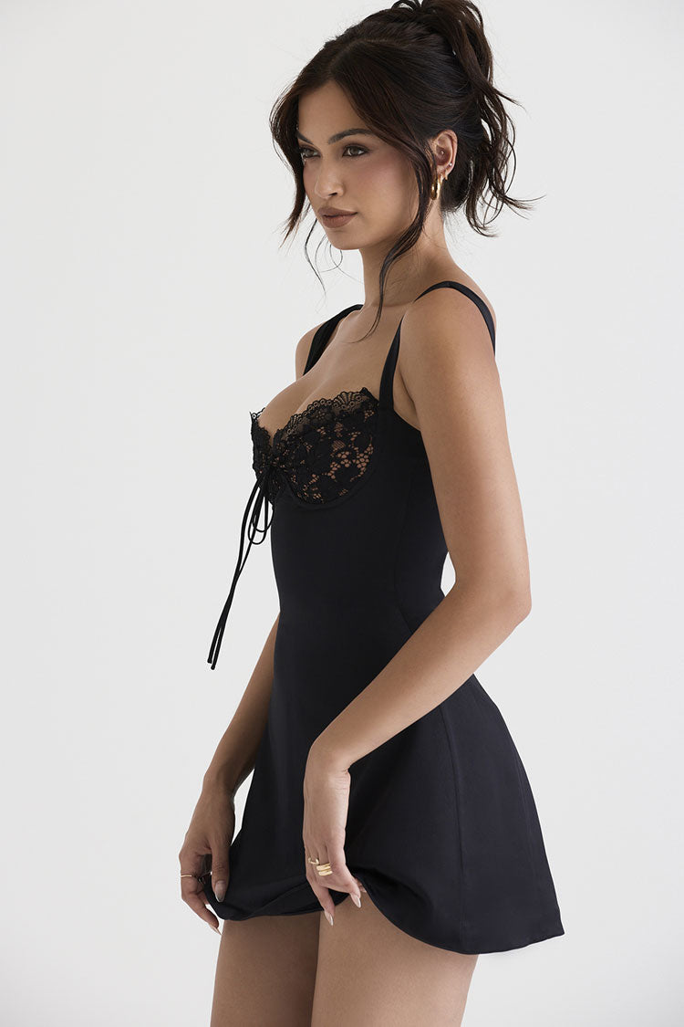 Lace Trim Sweetheart Tie-Front Spaghetti Strap Satin Mini Dress 3