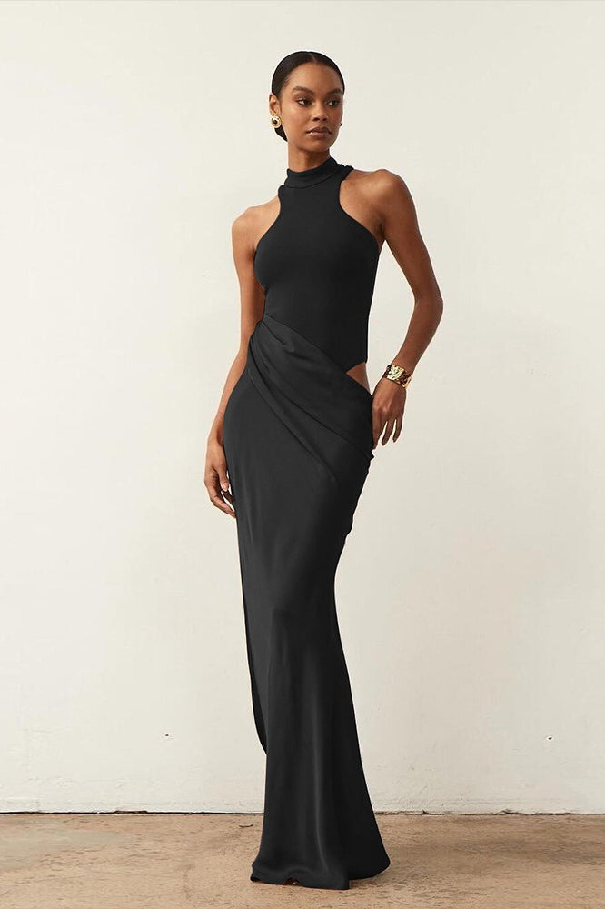 Mock Neck Hip Cutout Draped Wrap Column Maxi Dress 19