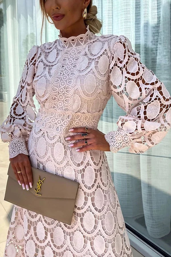 Guipure Lace Mock Neck Lantern Sleeve Scalloped Hem Hollow Out Midi Dress 12