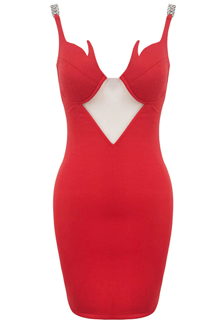 Flame Print Chain Strap Deep V Bodycon Mini Dress 4