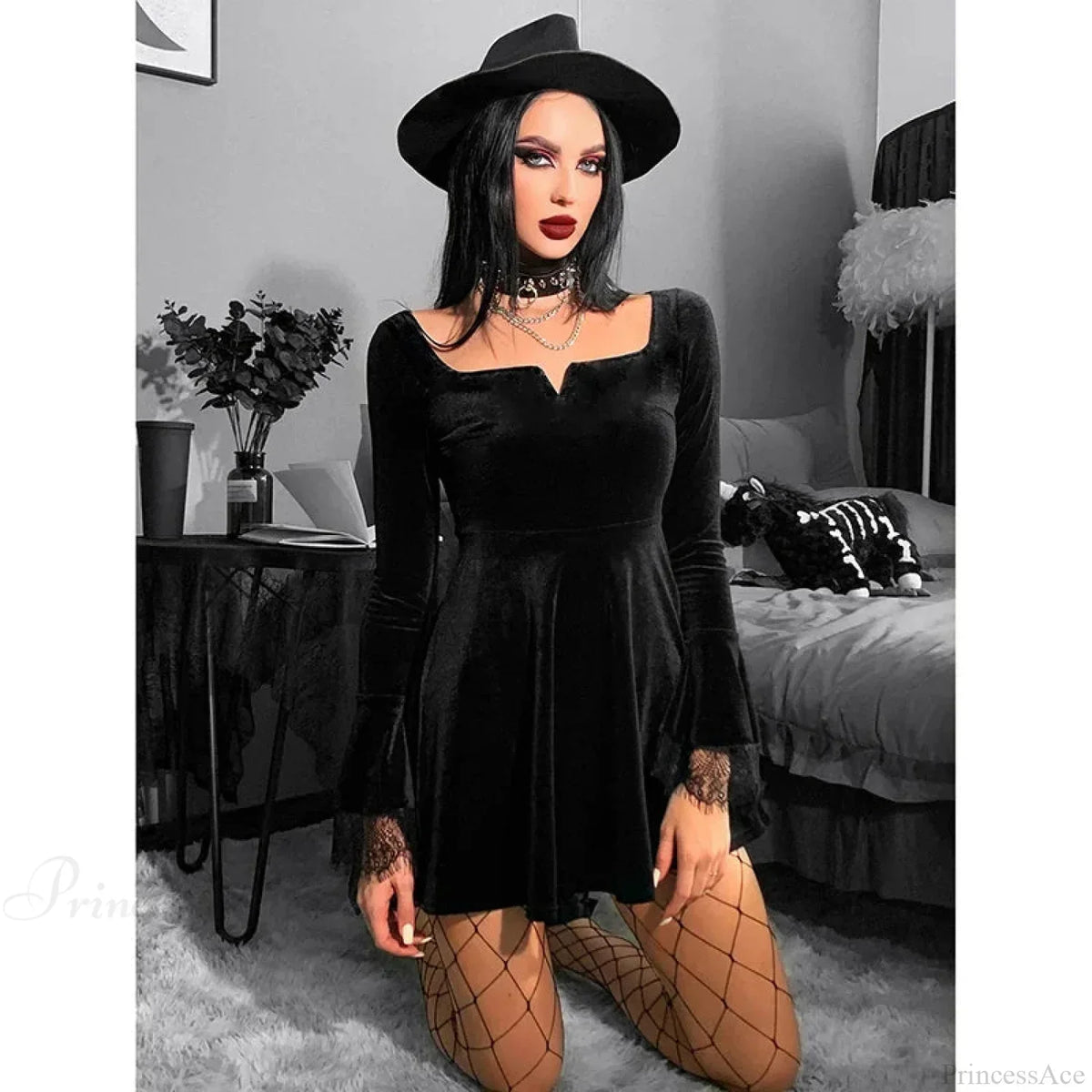 Square Neck Lace Cuff Long Bell Sleeve Velvet Fit and Flare Mini Dress 5
