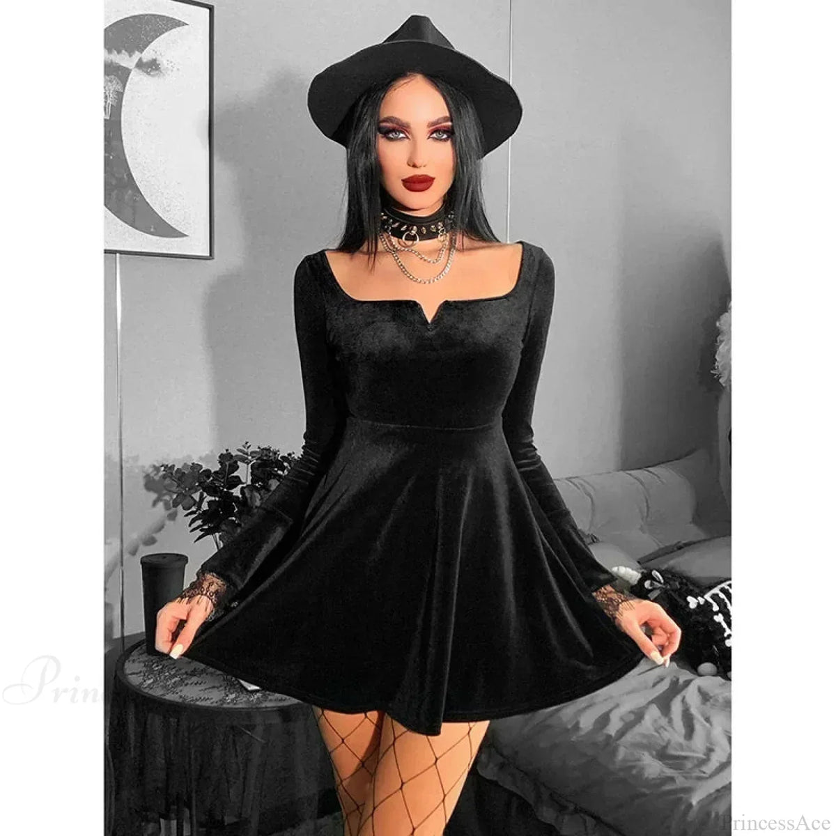 Square Neck Lace Cuff Long Bell Sleeve Velvet Fit and Flare Mini Dress 3