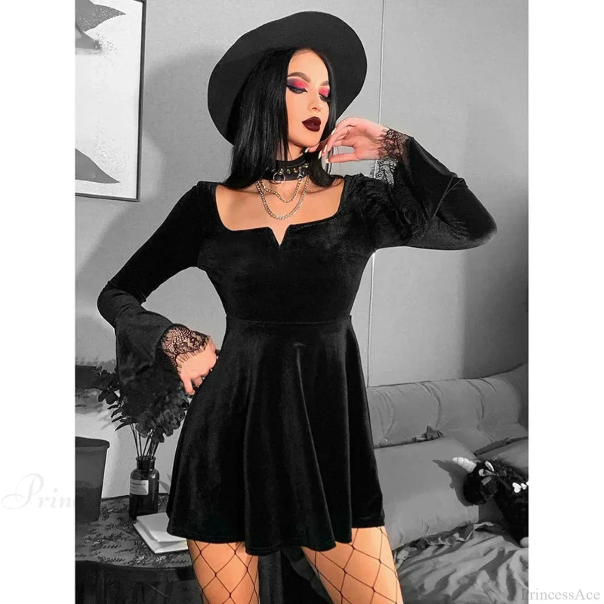 Square Neck Lace Cuff Long Bell Sleeve Velvet Fit and Flare Mini Dress 4