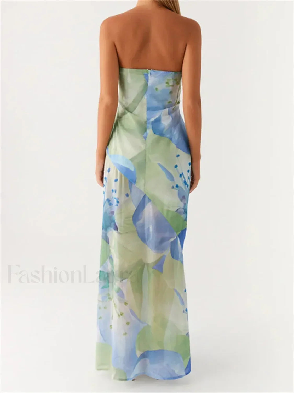Green Floral Leaves Split Strapless Maxi Dress 2