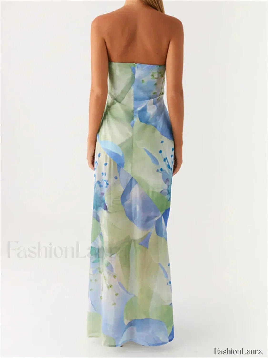 Green Floral Leaves Split Strapless Maxi Dress 3