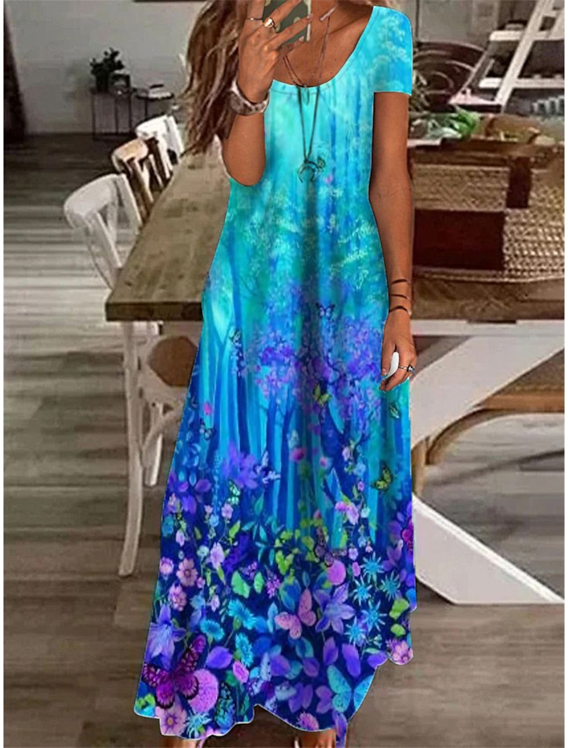 Watercolor Floral Panel Scoop Neck Short Sleeve A-Line Maxi Dress 3